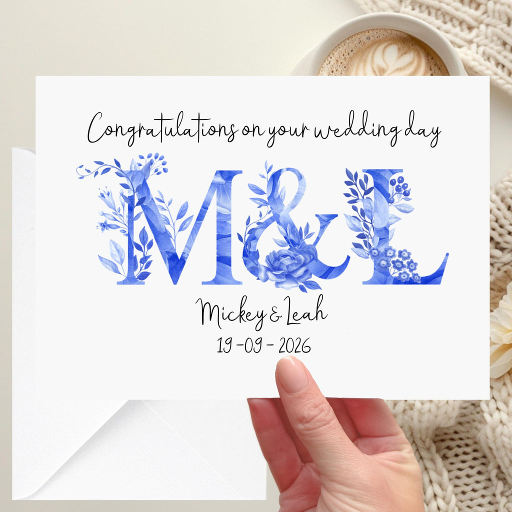 Blue Monogram Wedding Card Personalised Initials vintage