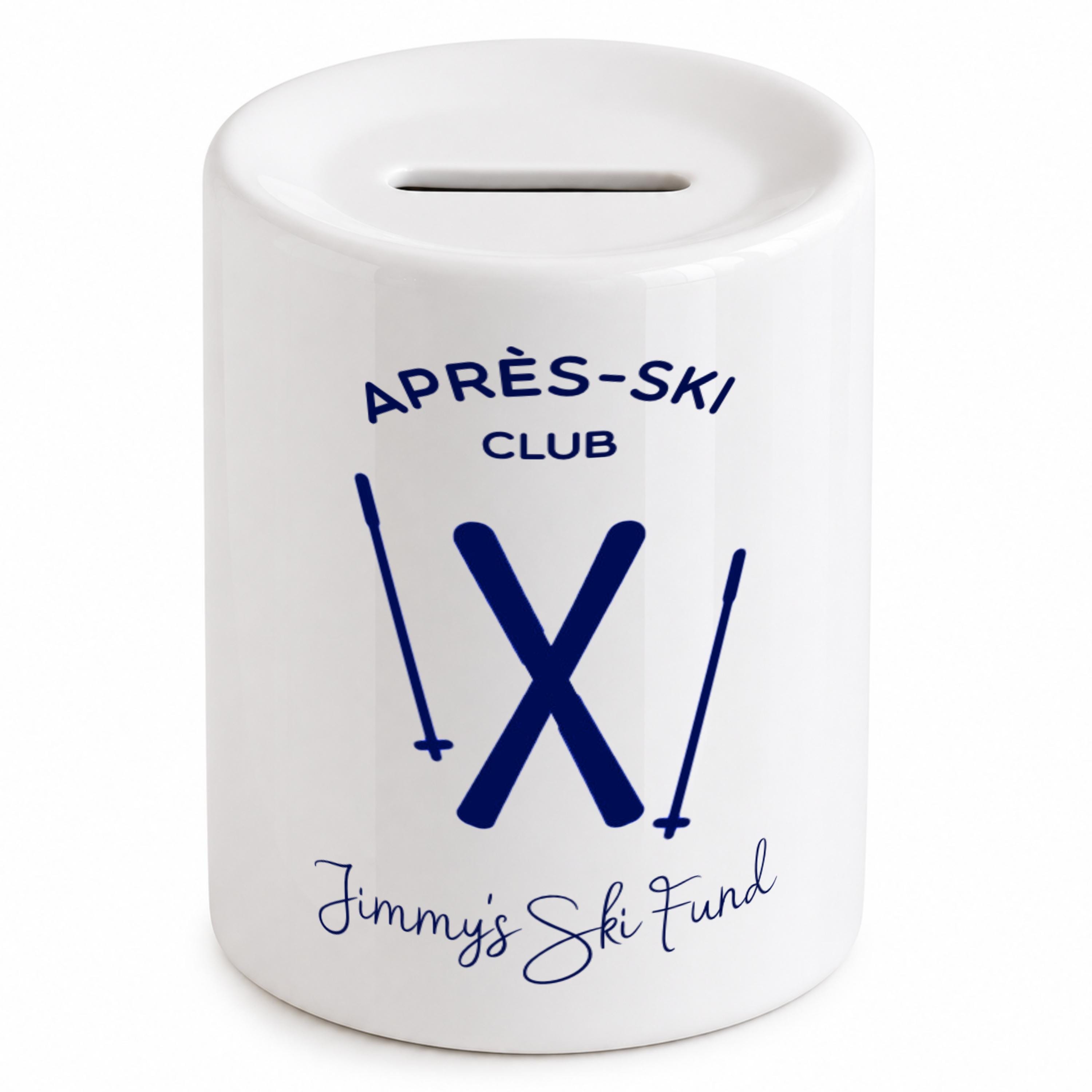 Personalised Ski Fund Money Box - Savings for skiing trip apres-ski club
