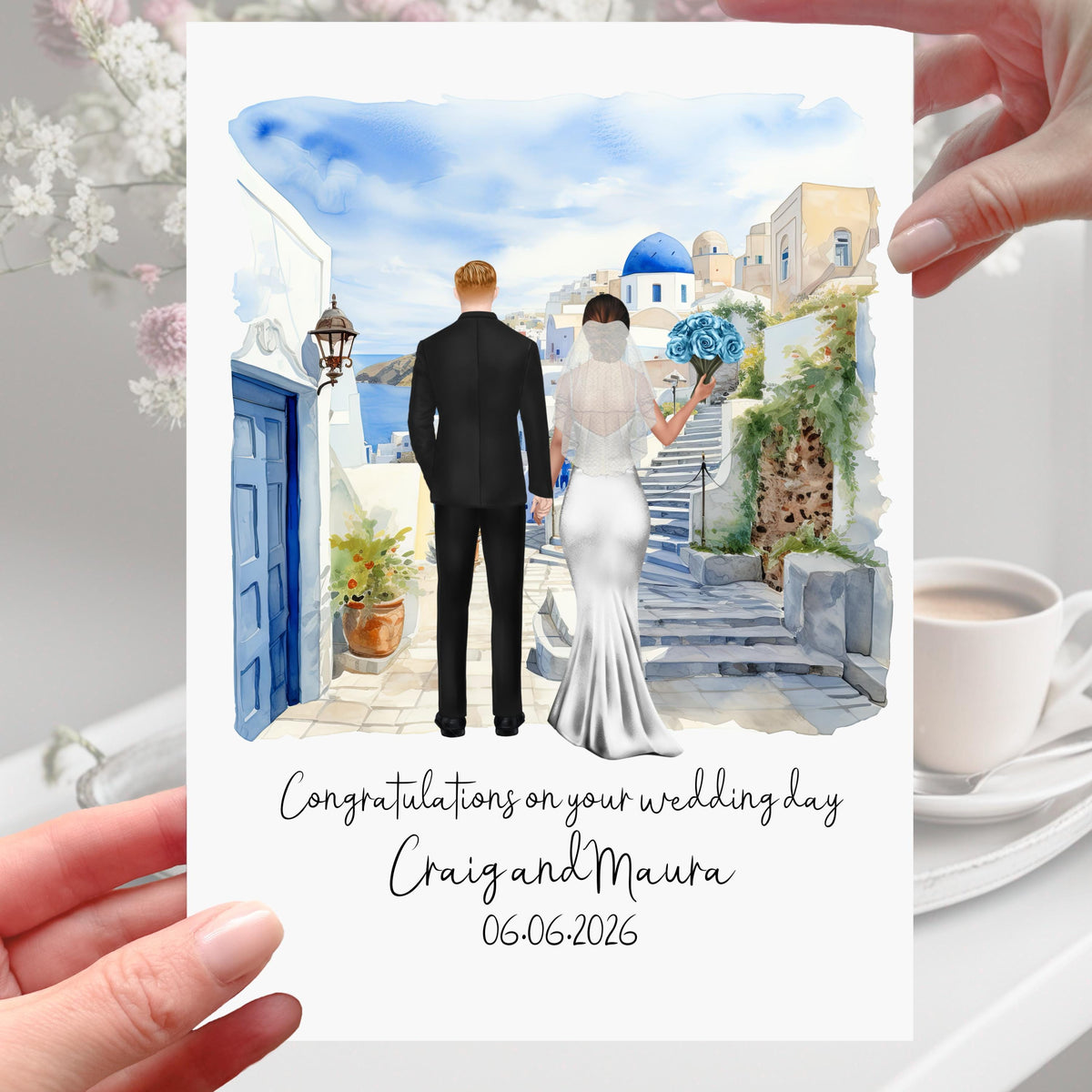 Santorini Wedding Card Personalised Bride & Groom Greece
