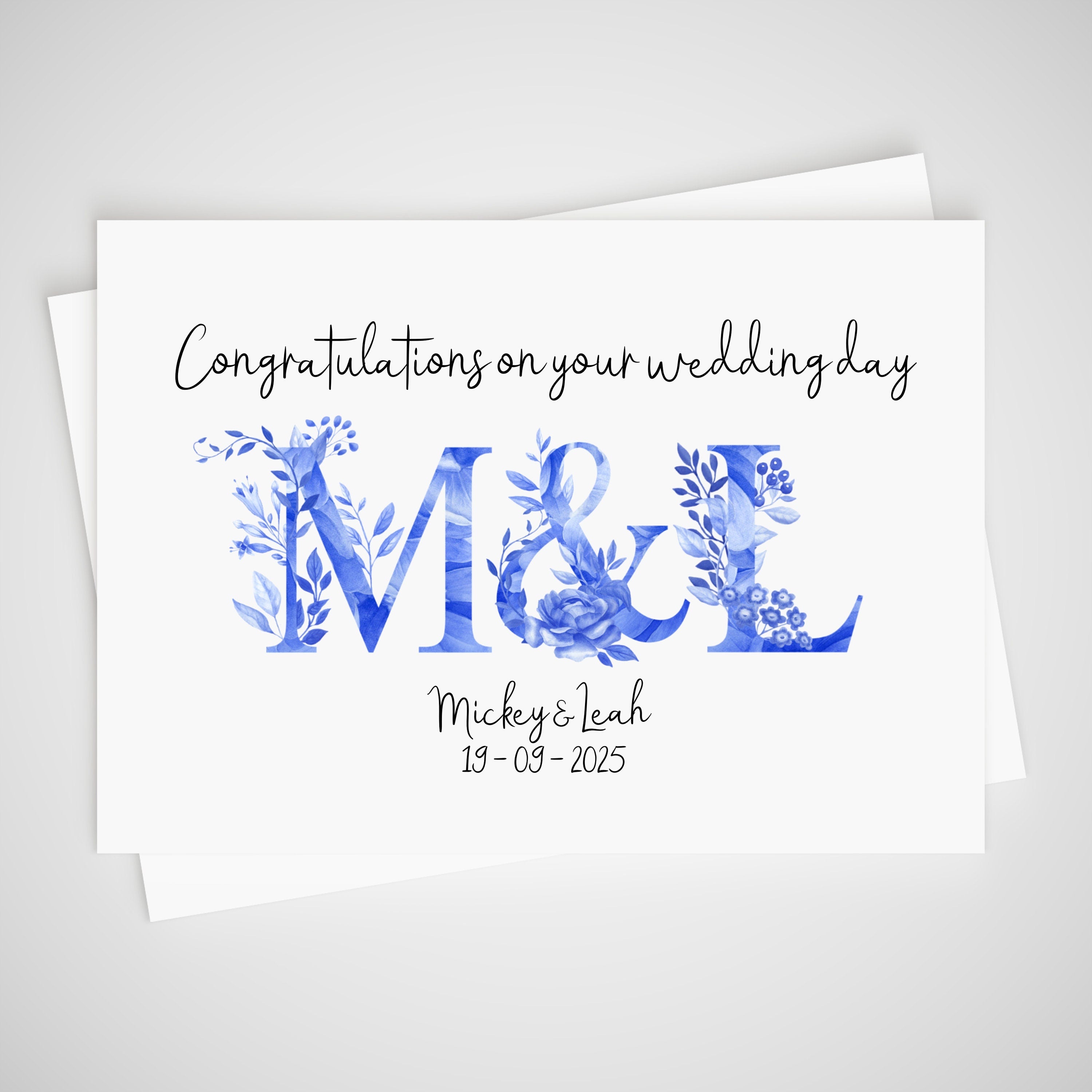 Blue Monogram Wedding Card Personalised Initials vintage