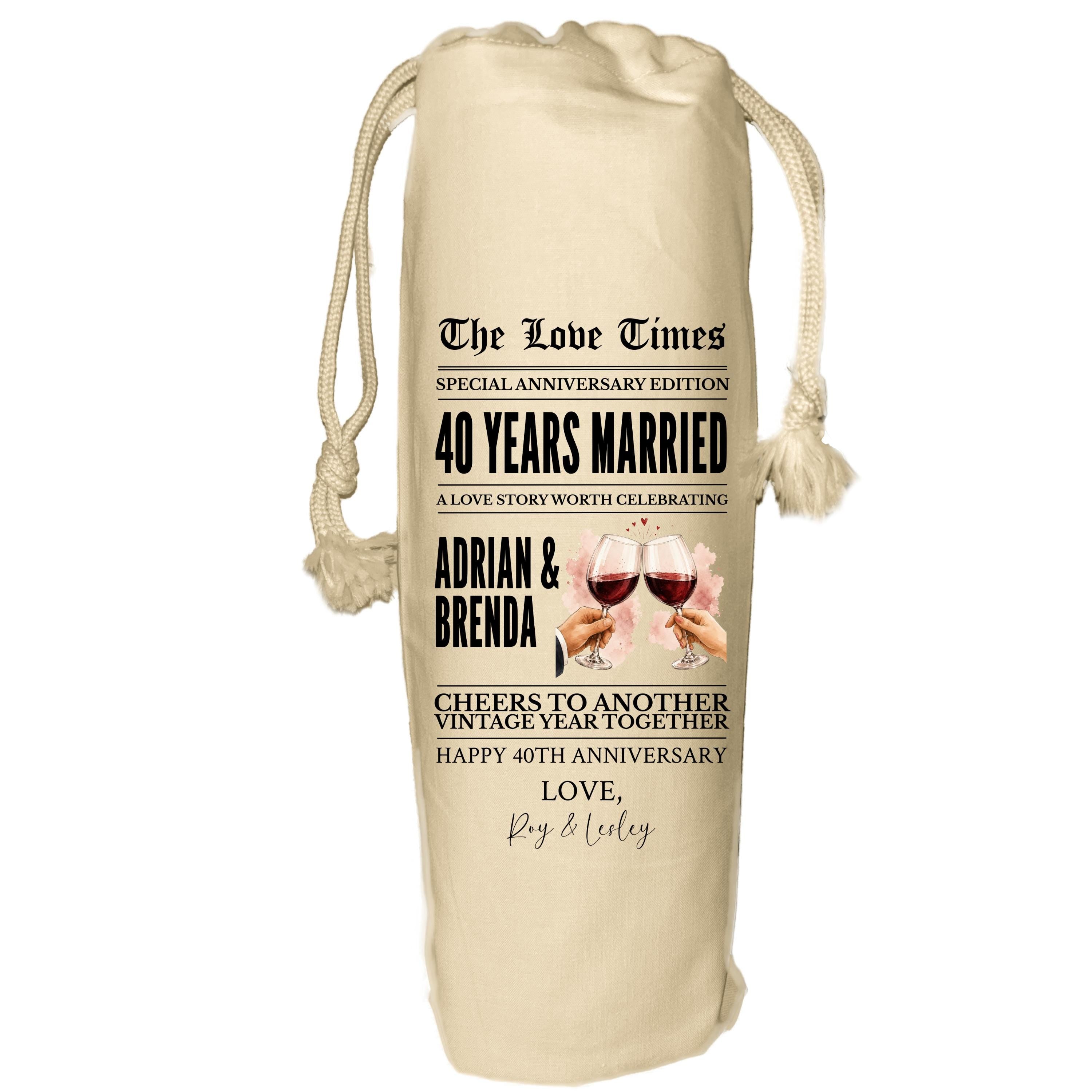40 year anniversary personalised wine gift bag newspaper - Ruby Wedding Anniversary
