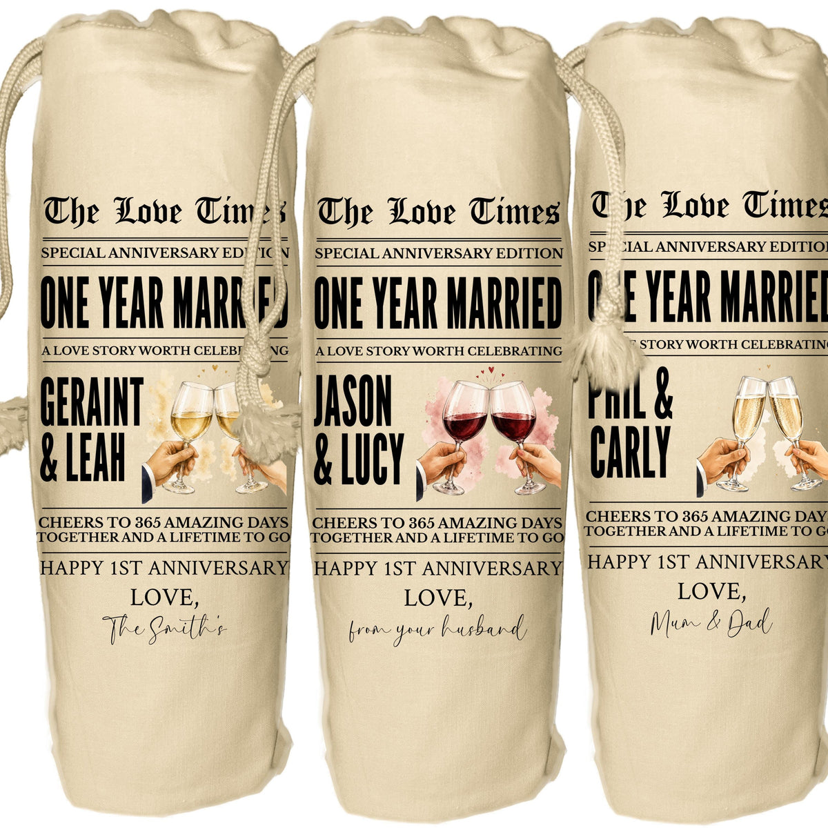 1 year anniversary personalised wine gift bag paper newspaper champagne prosecco