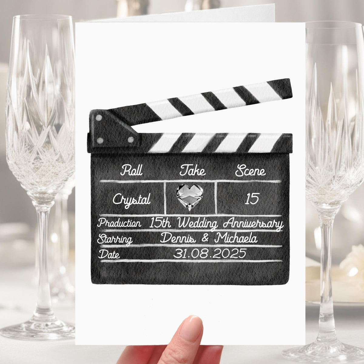 Clapper Board 15th Anniversary Card Personalised Crystal Film Cinema Movies