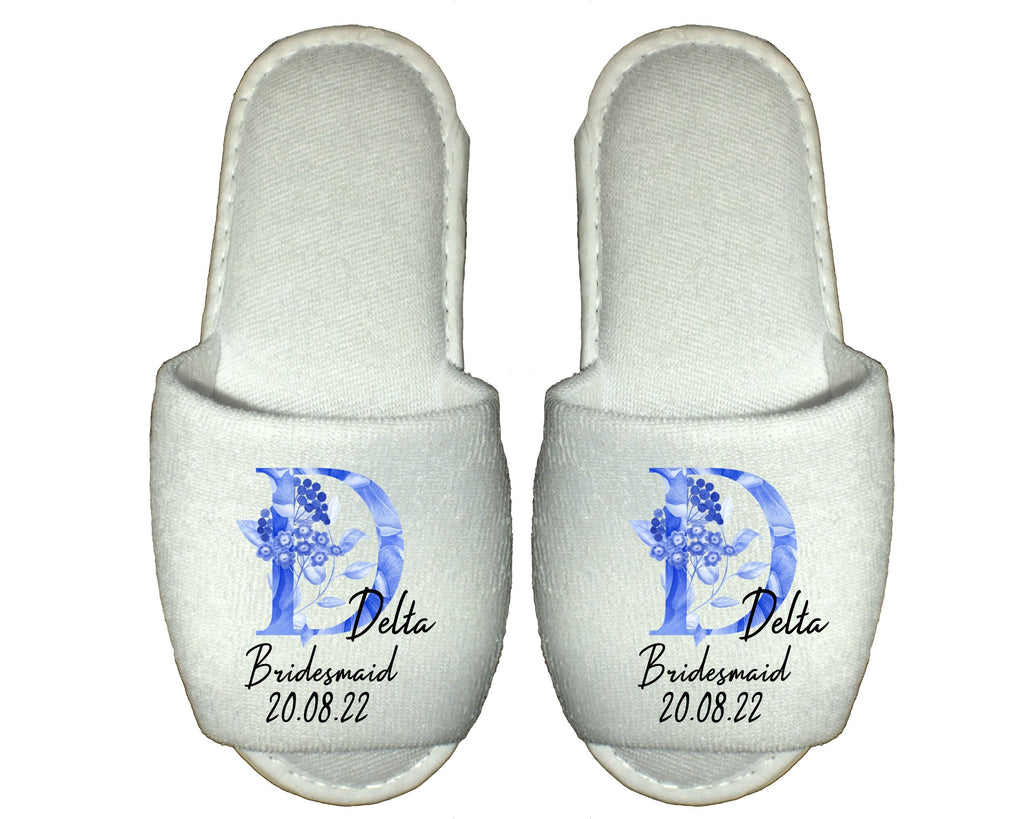 Personalised Spa Slippers Blue Porcelain Monogram Vintage Ornate Wedding Bride Bridesmaid