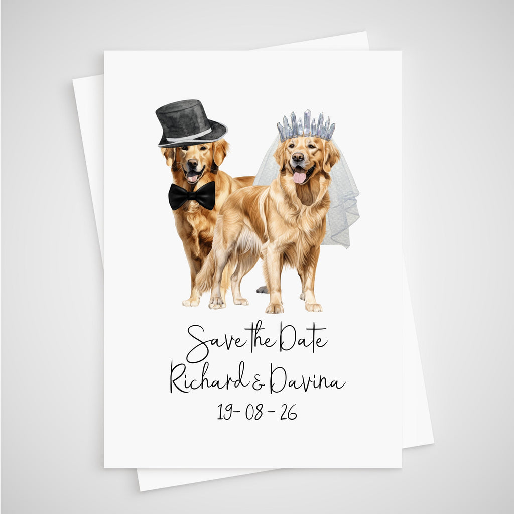 Personalized Dog Wedding Save the Date Card - border collie, dachshund, french bulldog, great dane, alsatian, golden retriever, greyhound, border terrier.