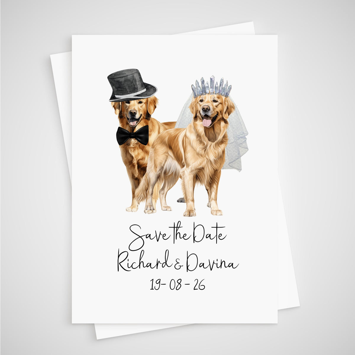 Personalized Dog Wedding Save the Date Card - border collie, dachshund, french bulldog, great dane, alsatian, golden retriever, greyhound, border terrier.