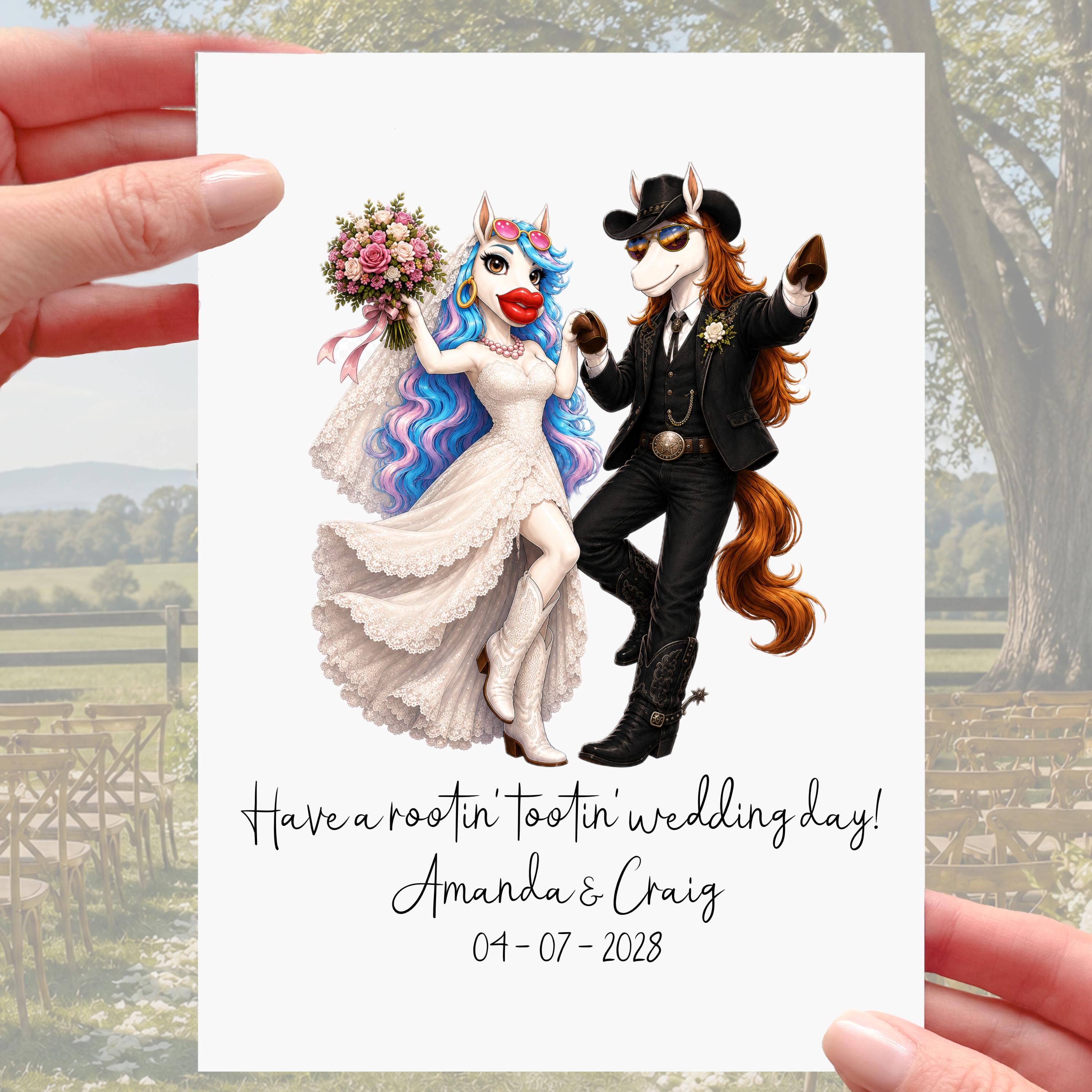 Rootin' Tootin' Cowboy Wedding Card Personalised Horse Bride Groom Boots Hat Country