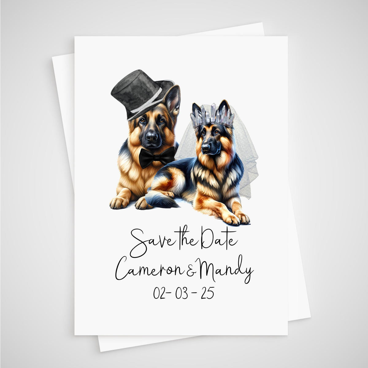 Personalized Dog Wedding Save the Date Card - border collie, dachshund, french bulldog, great dane, alsatian, golden retriever, greyhound, border terrier.