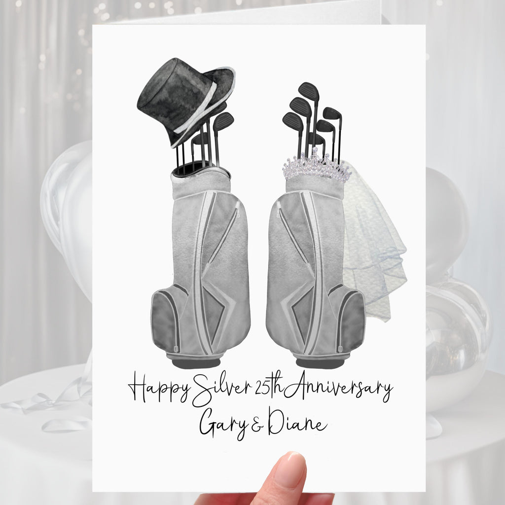 Golf Silver 25th Anniversary Card Personalised Golf Clubs