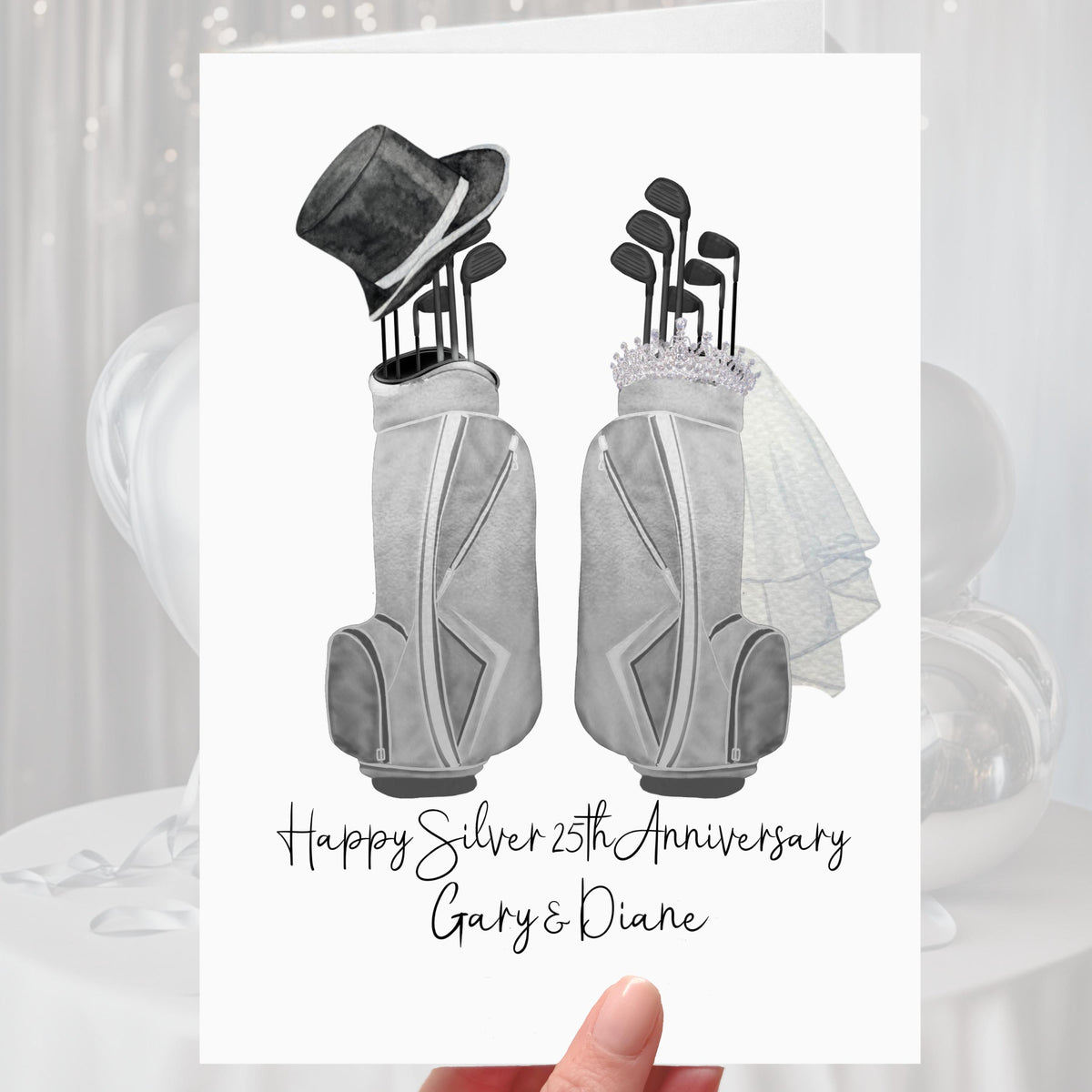 Golf Silver 25th Anniversary Card Personalised Golf Clubs