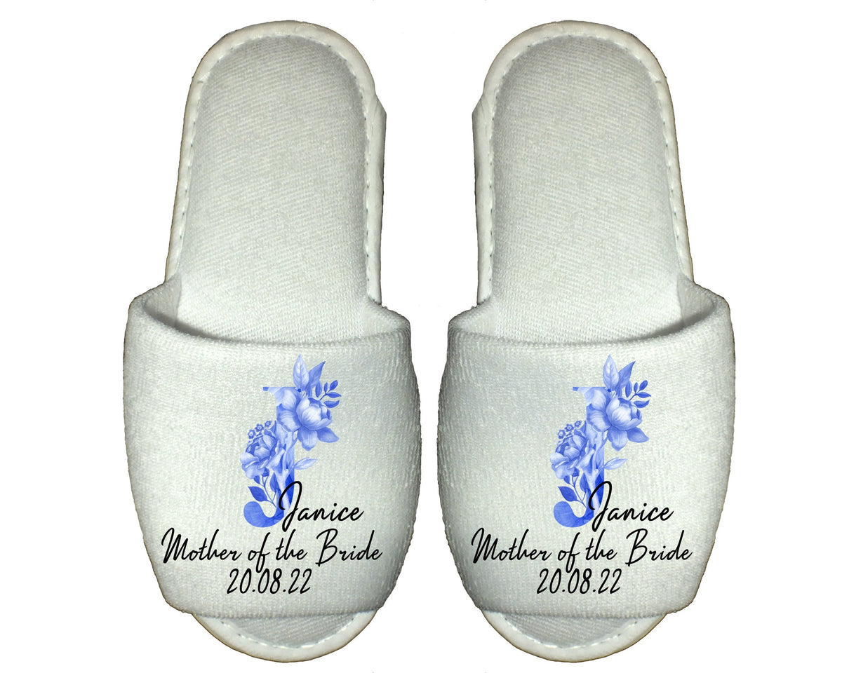 Personalised Spa Slippers Blue Porcelain Monogram Vintage Ornate Wedding Bride Bridesmaid