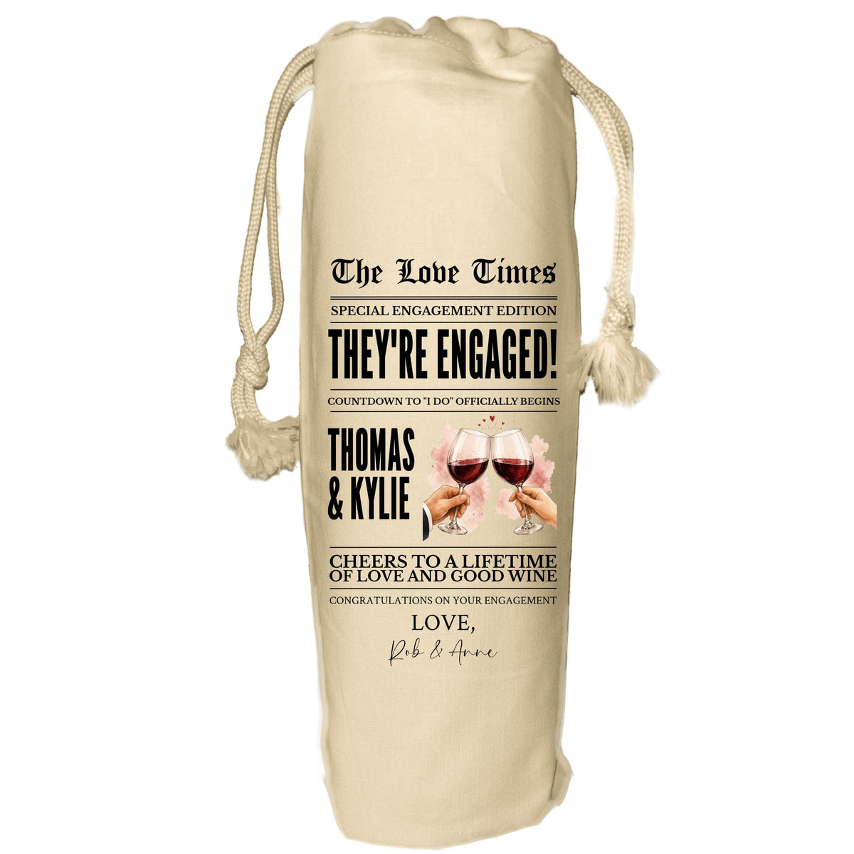 Newspaper Engagement Wine Bag - personalised gift for couple