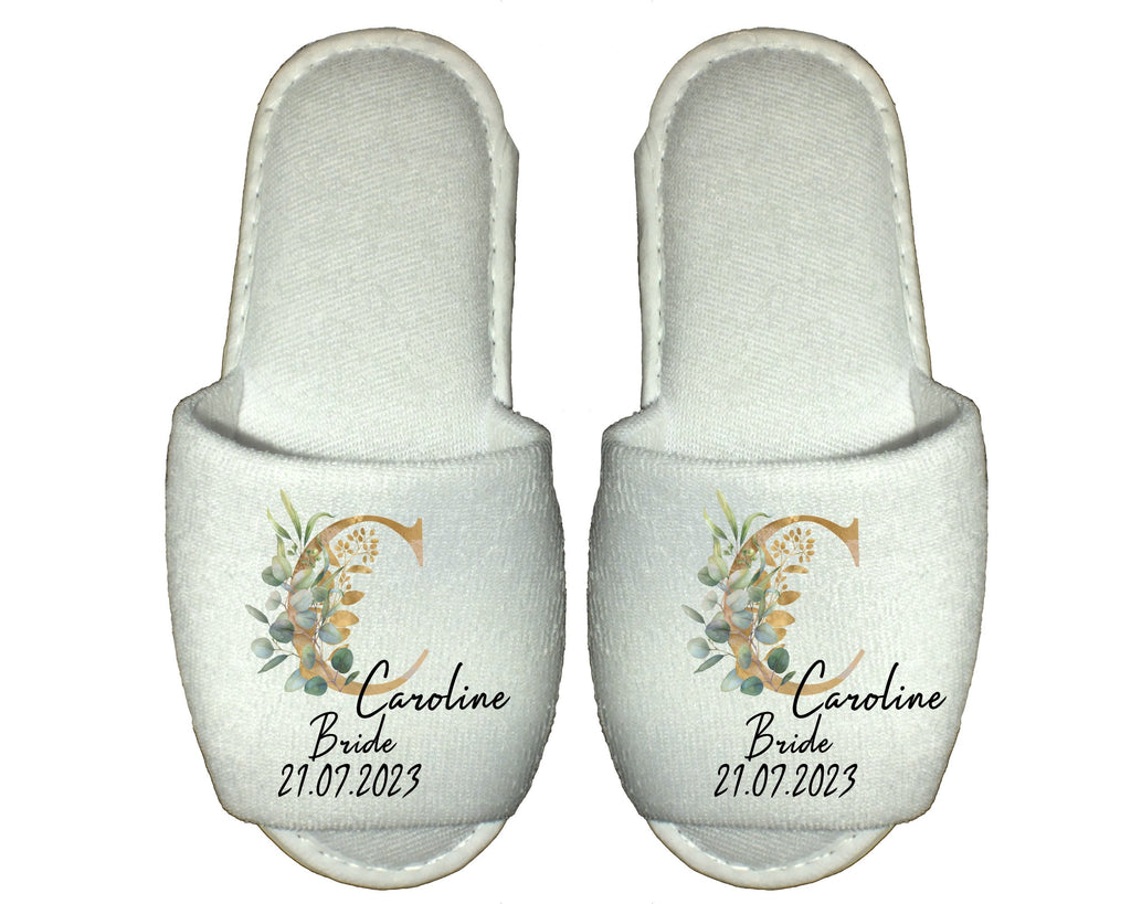 Personalised Bridal Party Spa Slippers – Eucalyptus Gold Green Monogram - Bridal Gifts & Bridesmaid Keepsakes