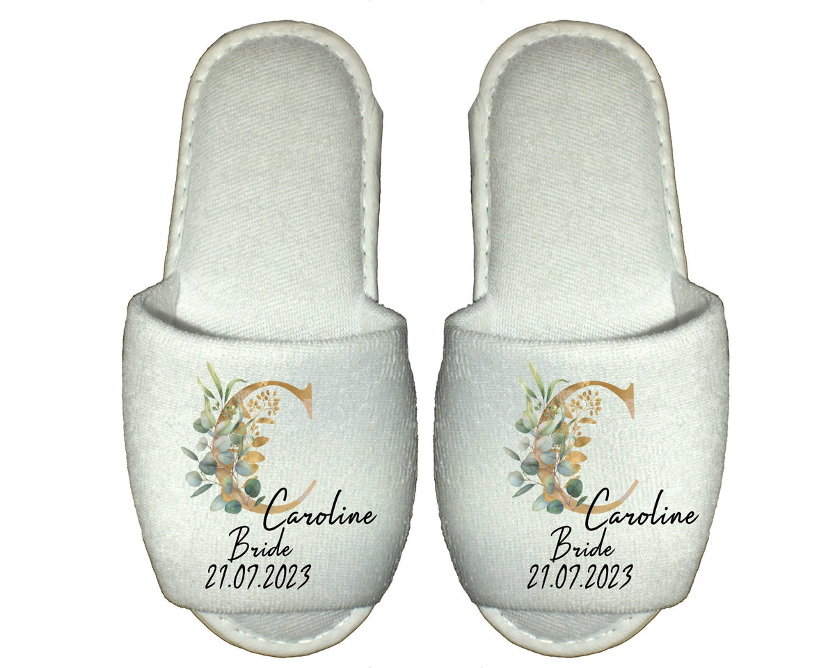 Personalised Bridal Party Spa Slippers – Eucalyptus Gold Green Monogram - Bridal Gifts & Bridesmaid Keepsakes