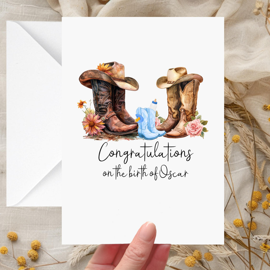Cowboy Baby Card Personalised Boots Boy Newborn Birth Congratulations