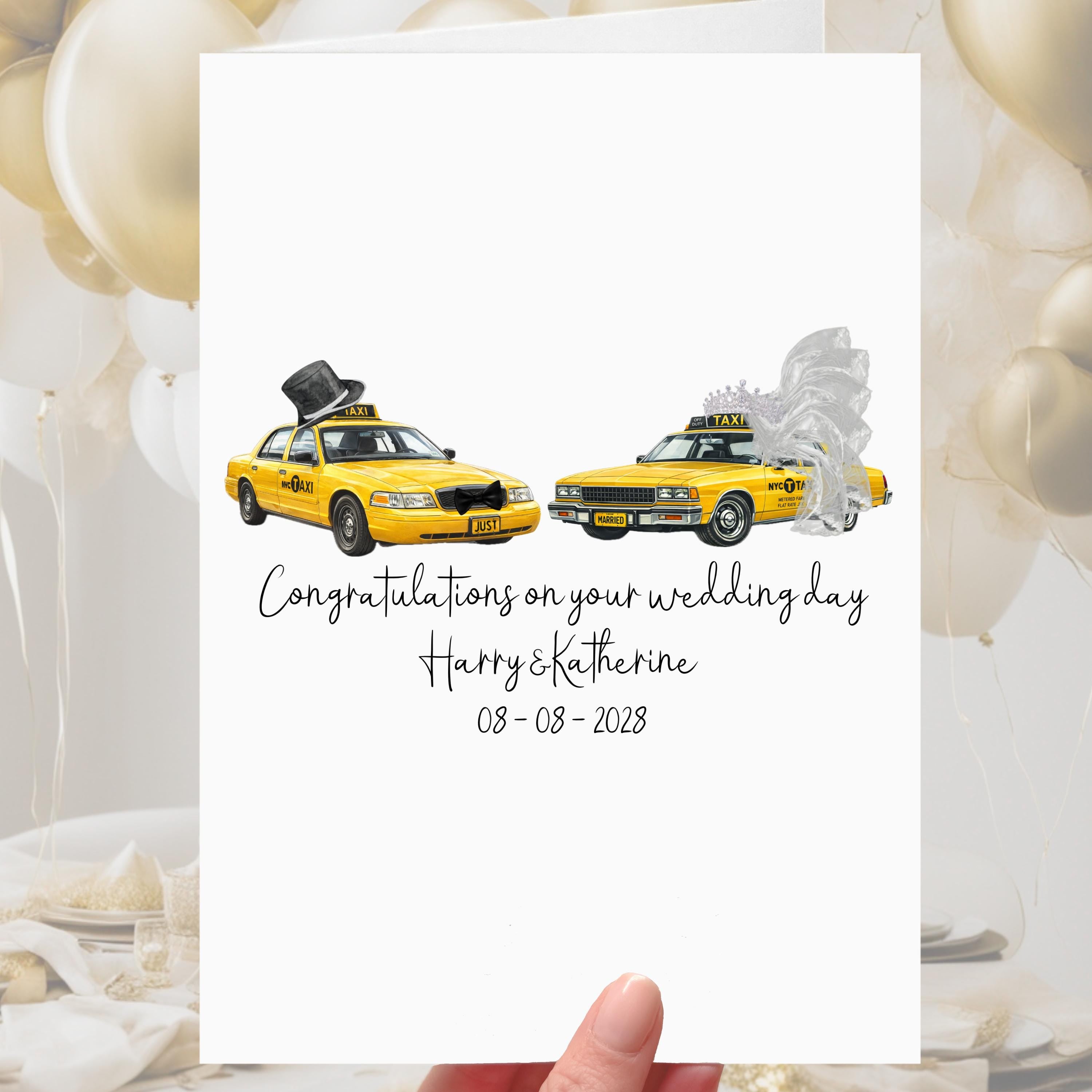 New York Taxi Wedding Card Personalised Yellow Cab Bride Groom NYC