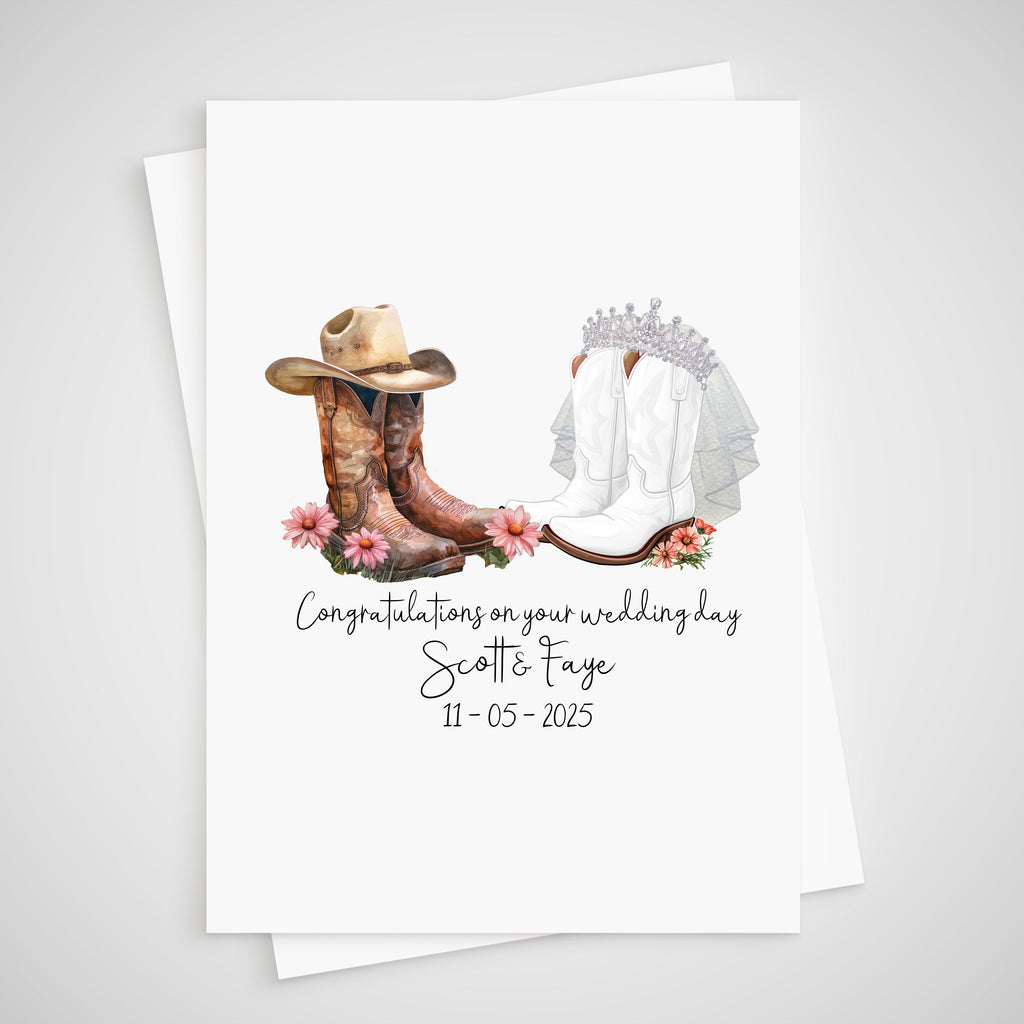 Cowboy Wedding Card Personalised Cowgirl Western Boots Hat Country