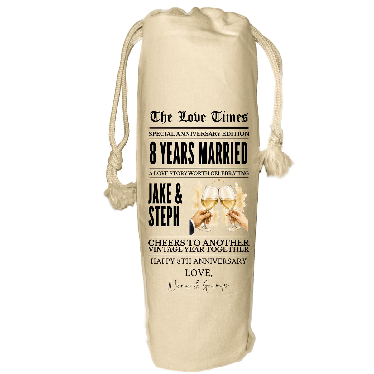 Any year anniversary personalised wine gift bag newspaper