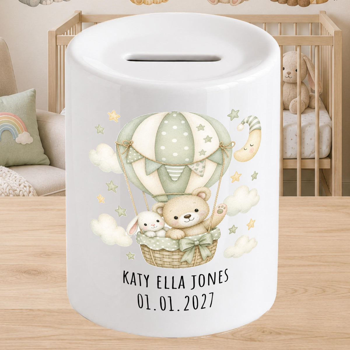 Personalised Baby Money Box Hot air balloon - New baby Savings piggy bank - gift for newborn - green, pink, yellow, blue