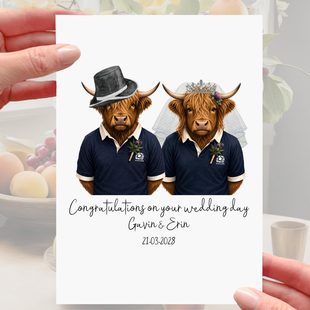 Scottish Wedding Card Personalised Highland Cows Rugby Scotland