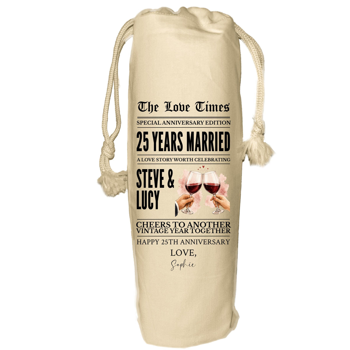 25 year anniversary personalised wine gift bag newspaper - Silver Wedding Anniversary