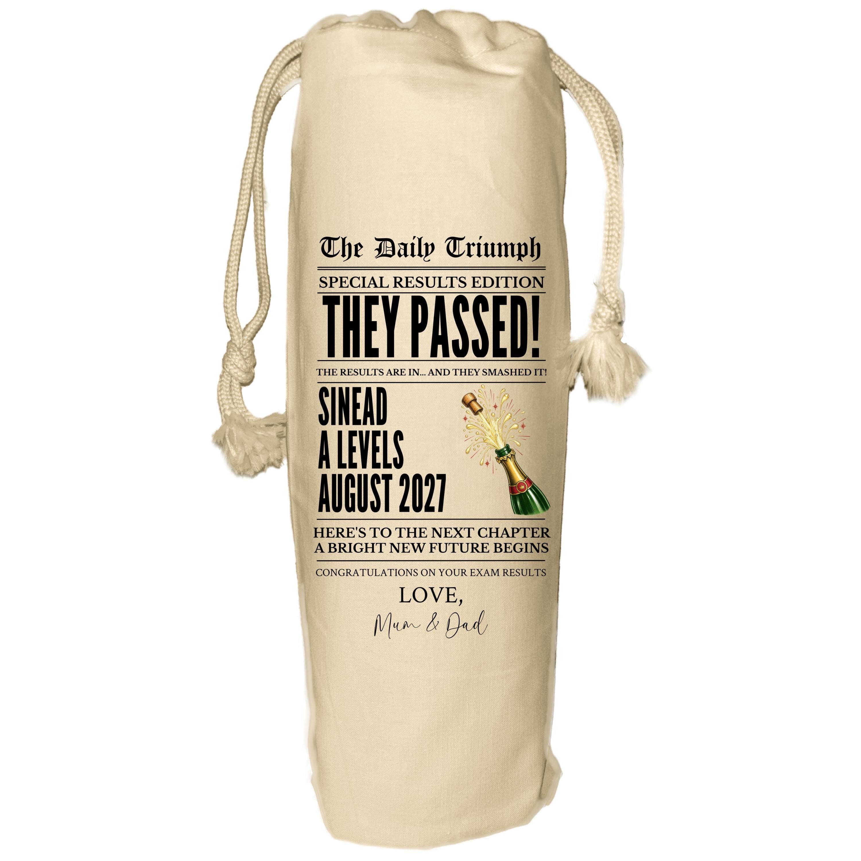 Exam Results Newspaper Wine Bag - personalised gift for A Level, GCSE, NVQ, BTEC, Apprenticeship