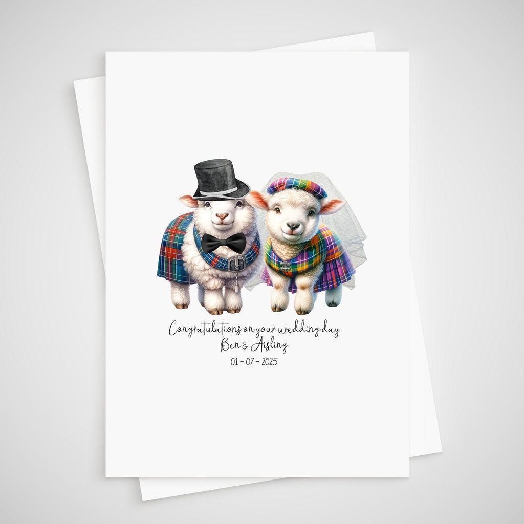 Scottish Sheep Wedding Card Personalised Bride & Groom Kilt Tartan