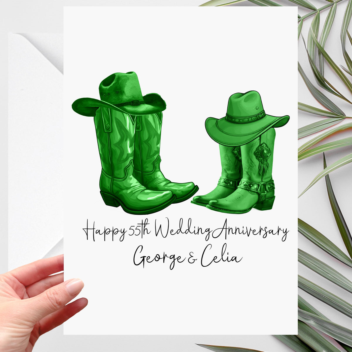 Cowboy 55th Anniversary Card Personalised Emerald Wedding Boots Hat Country