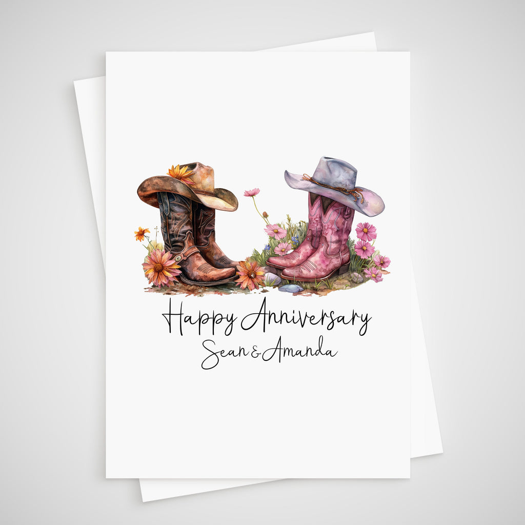 Cowboy Anniversary Card Personalised Cowgirl Western Boots Hat Country