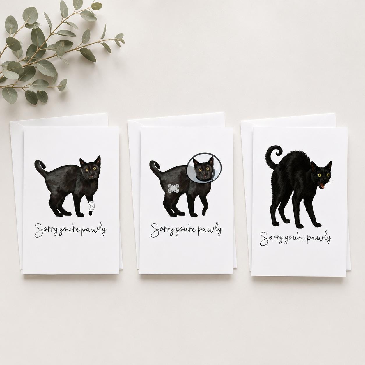 Set of 3 Cat Get Well Cards, Cone of Shame, knee operation replacement