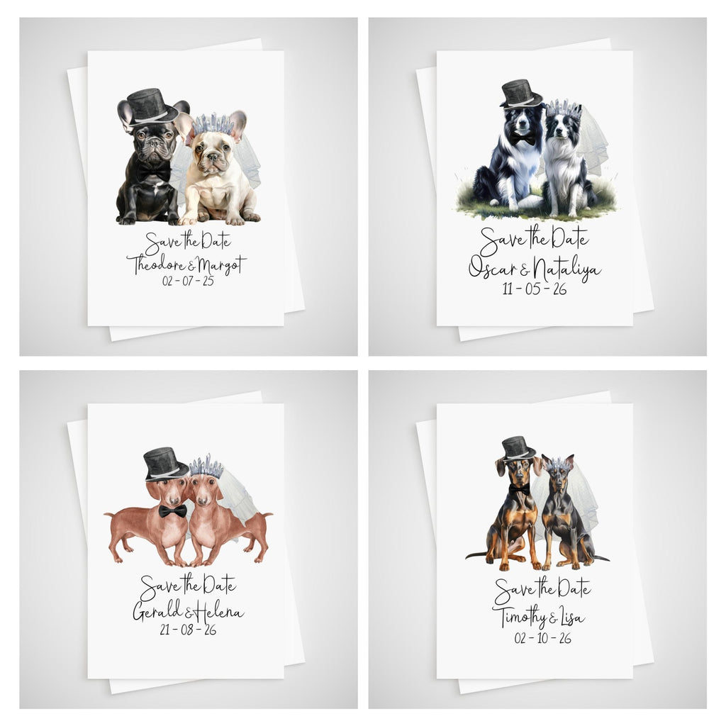 Personalized Dog Wedding Save the Date Card - border collie, dachshund, french bulldog, great dane, alsatian, golden retriever, greyhound, border terrier.