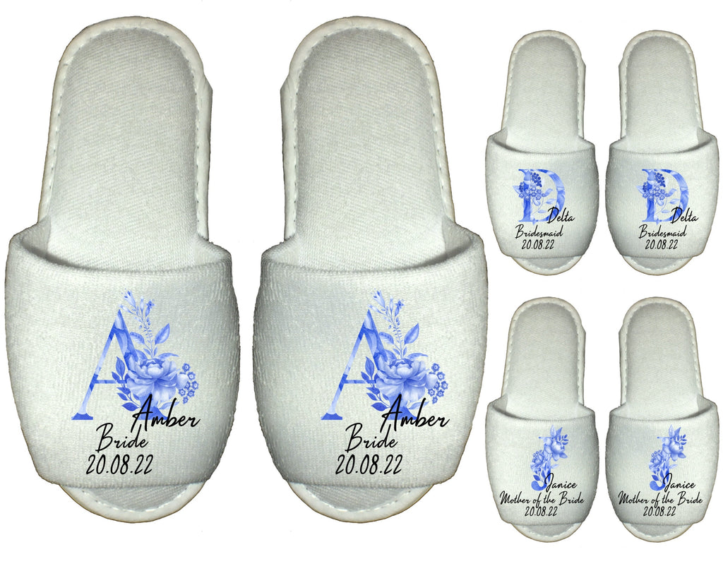 Personalised Spa Slippers Blue Porcelain Monogram Vintage Ornate Wedding Bride Bridesmaid