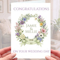 Floral Wedding Card Personalised Flower Wreath - sage green, purple