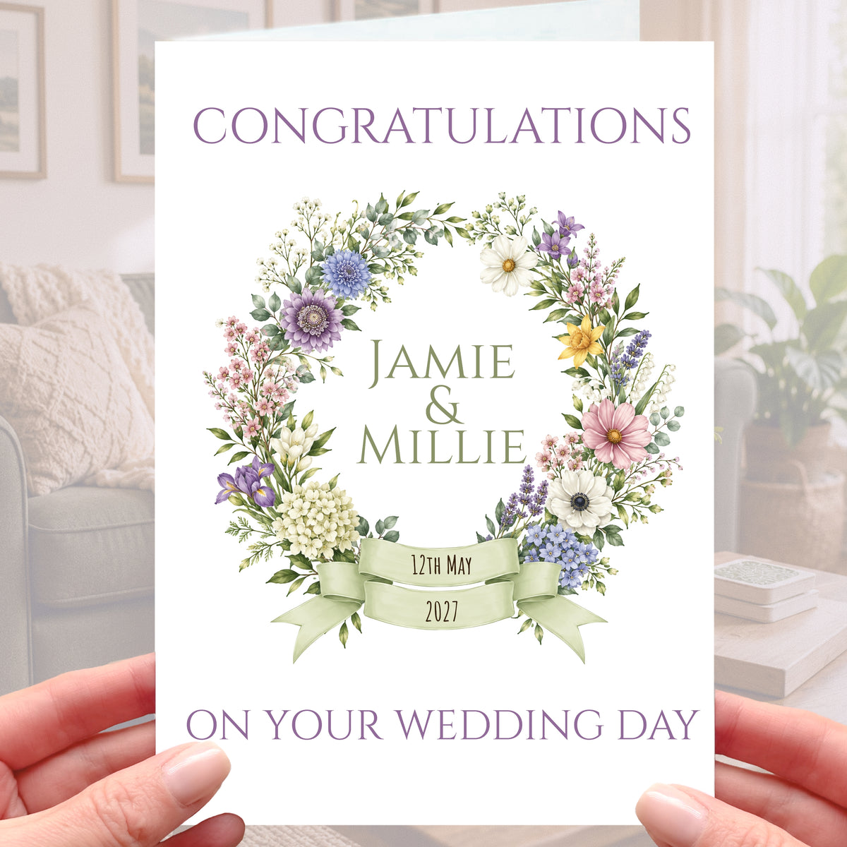 Floral Wedding Card Personalised Flower Wreath - sage green, purple