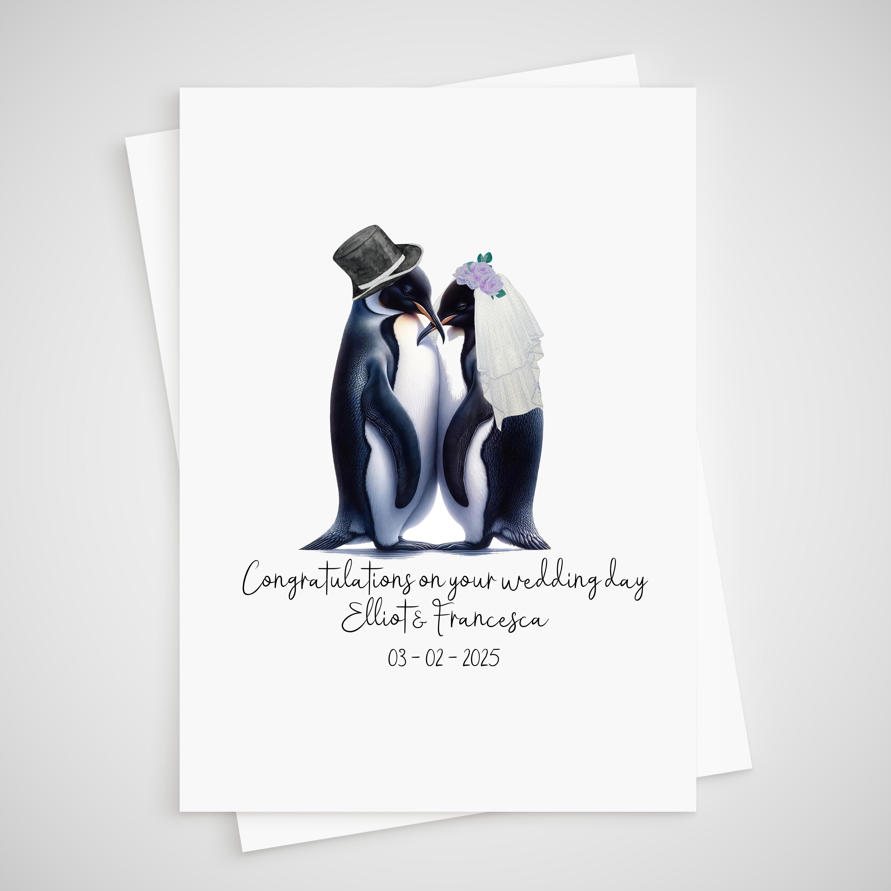 Penguin Wedding Card Personalised Bride & Groom