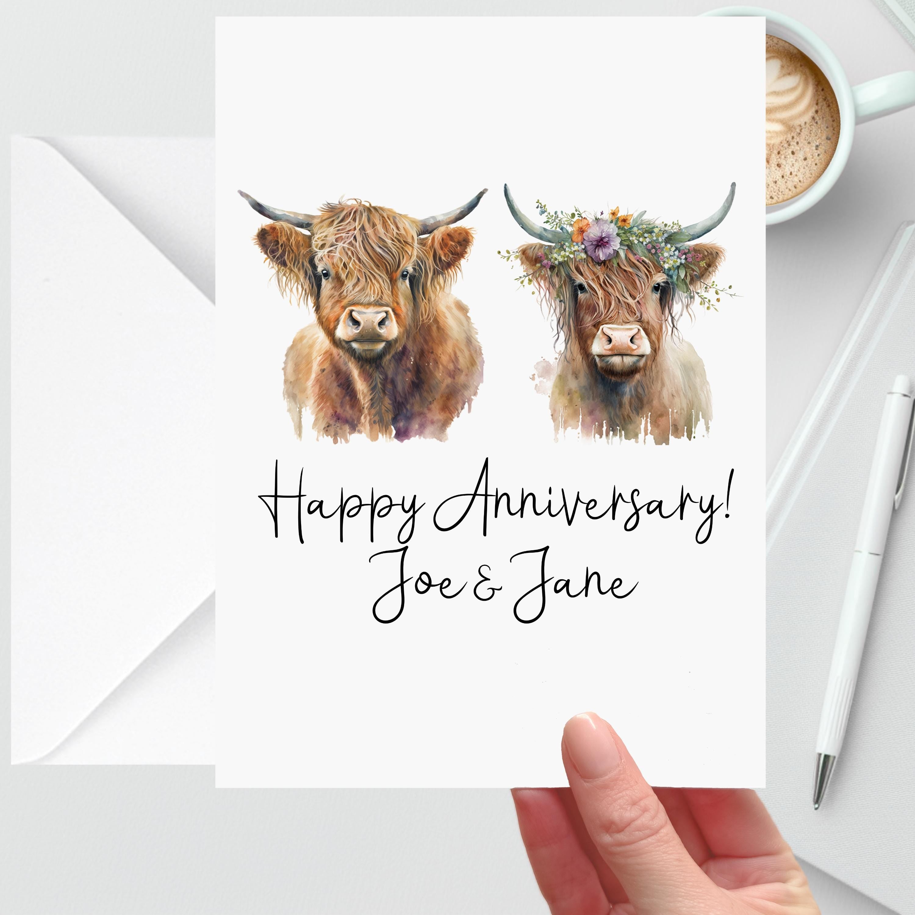 Highland Cow Anniversary Card Personalised Congratulations