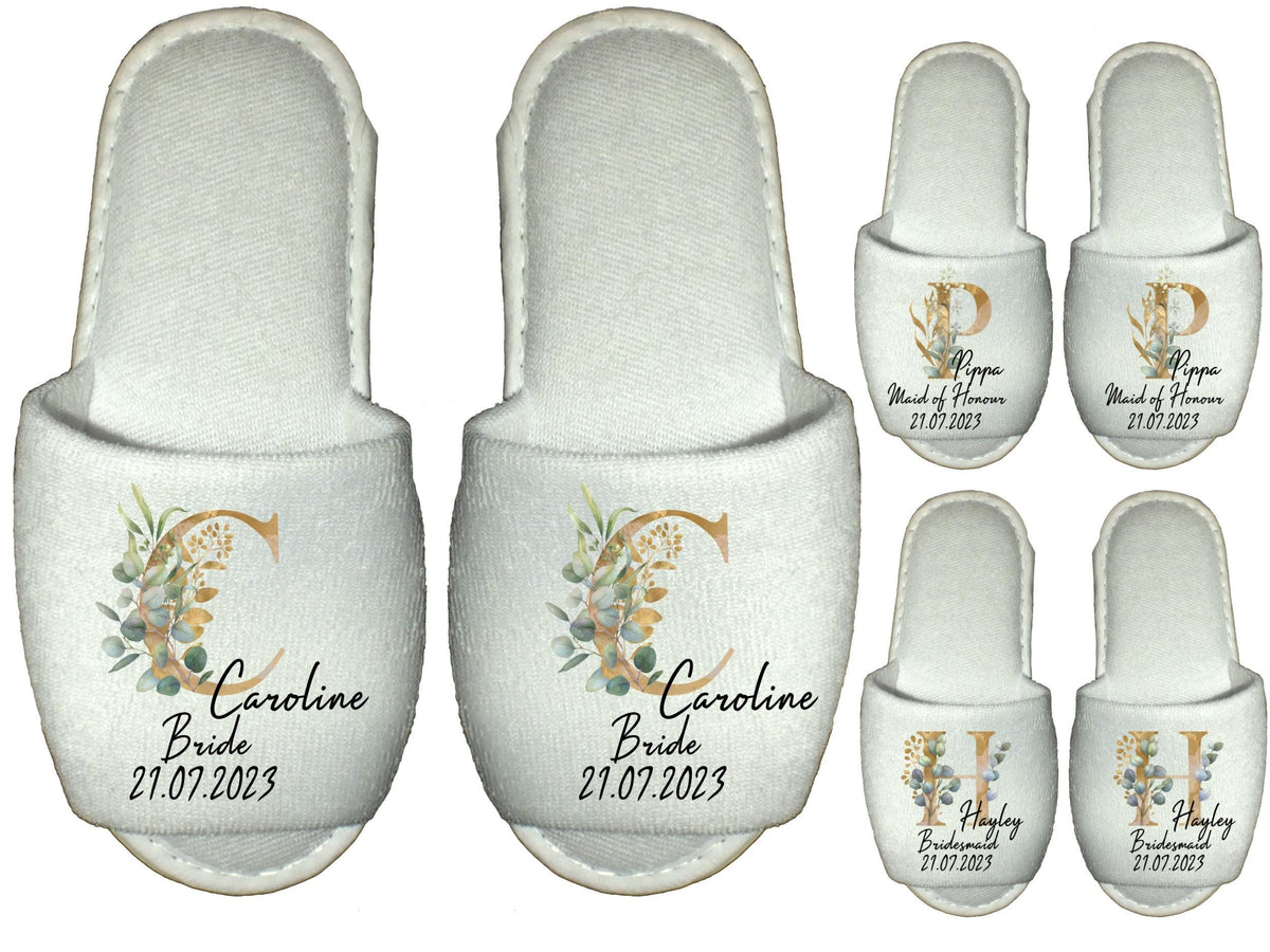 Personalised Bridal Party Spa Slippers – Eucalyptus Gold Green Monogram - Bridal Gifts & Bridesmaid Keepsakes