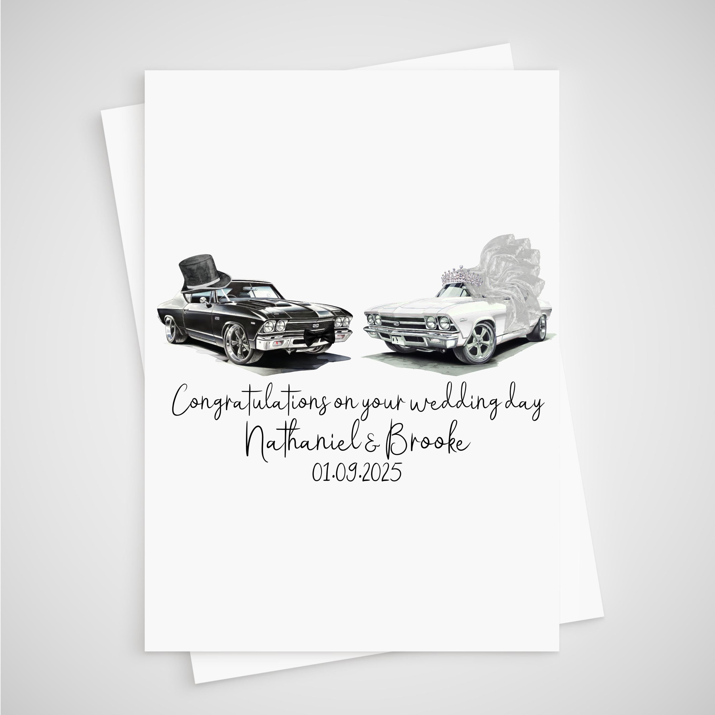 Personalised Wedding Card American Muscle Car Vintage Bride Groom