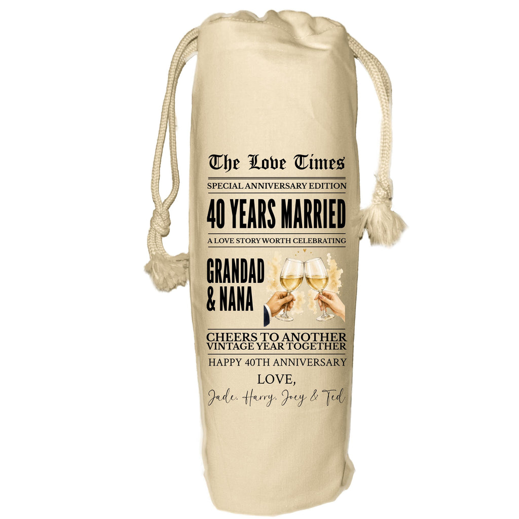 40 year anniversary personalised wine gift bag newspaper - Ruby Wedding Anniversary