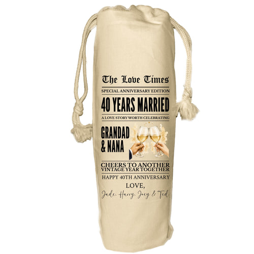 40 year anniversary personalised wine gift bag newspaper - Ruby Wedding Anniversary