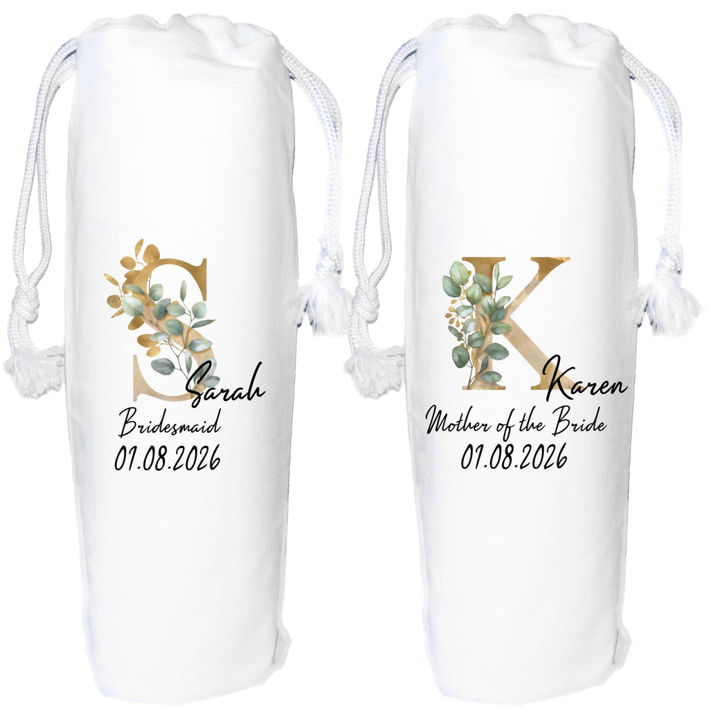 Wine Bottle Bag Personalised Eucalyptus Gold Monogram Bridesmaid Gift Maid of Honour Wedding
