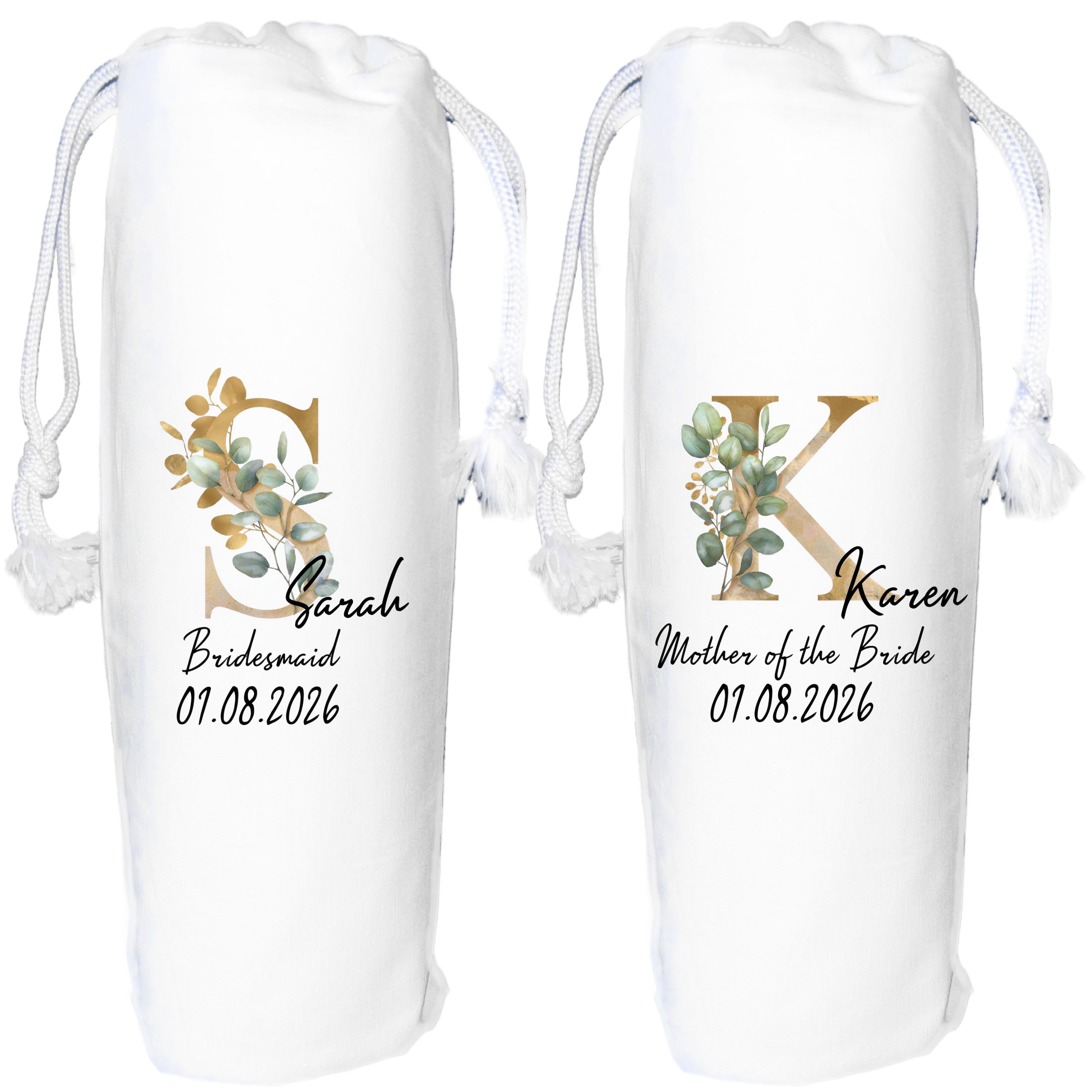 Wine Bottle Bag Personalised Eucalyptus Gold Monogram Bridesmaid Gift Maid of Honour Wedding