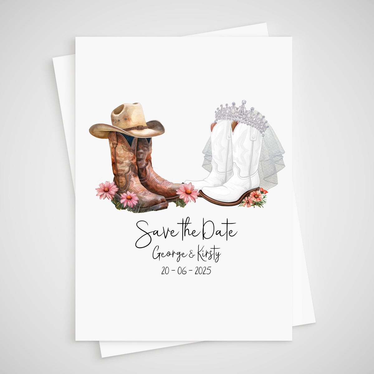 Save the Date Cowboy Wedding Card Personalised Cowgirl Boots Country Bride & Groom