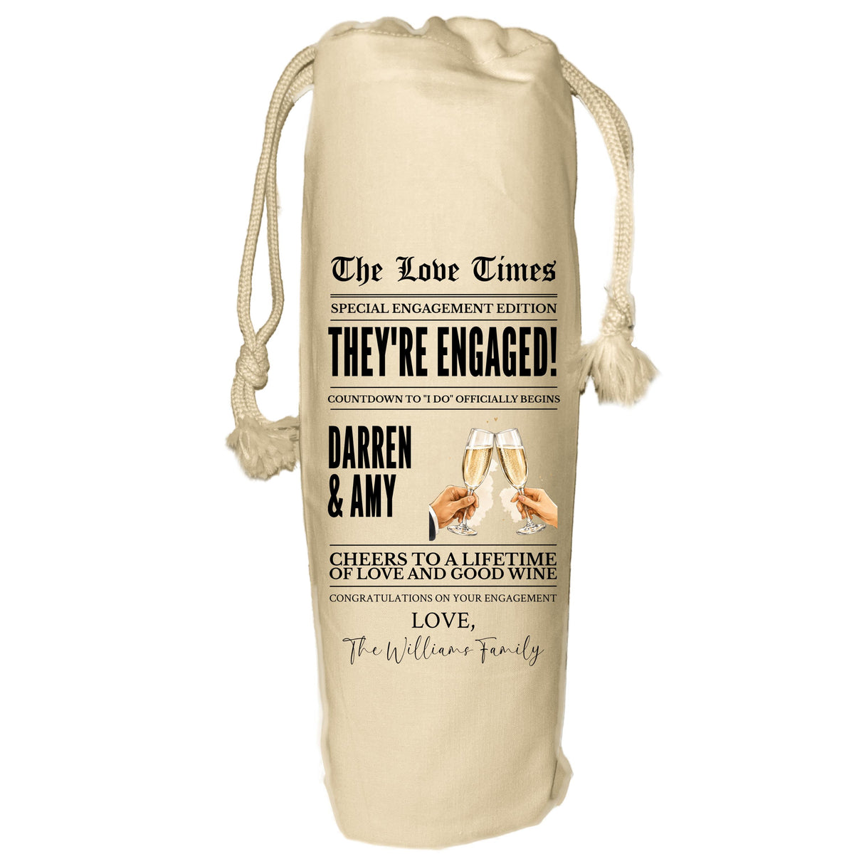 Newspaper Engagement Wine Bag - personalised gift for couple