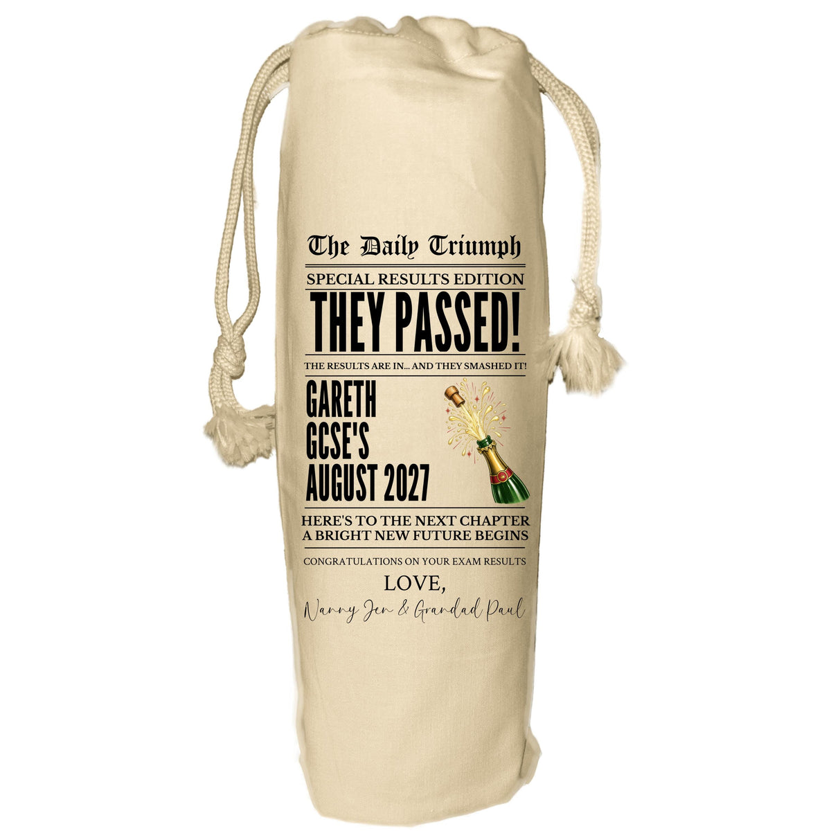 Exam Results Newspaper Wine Bag - personalised gift for A Level, GCSE, NVQ, BTEC, Apprenticeship