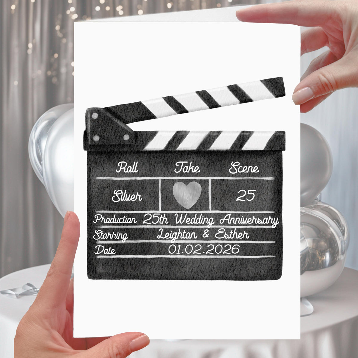 Clapper Board 25th Anniversary Card Personalised Silver Film Cinema Movies