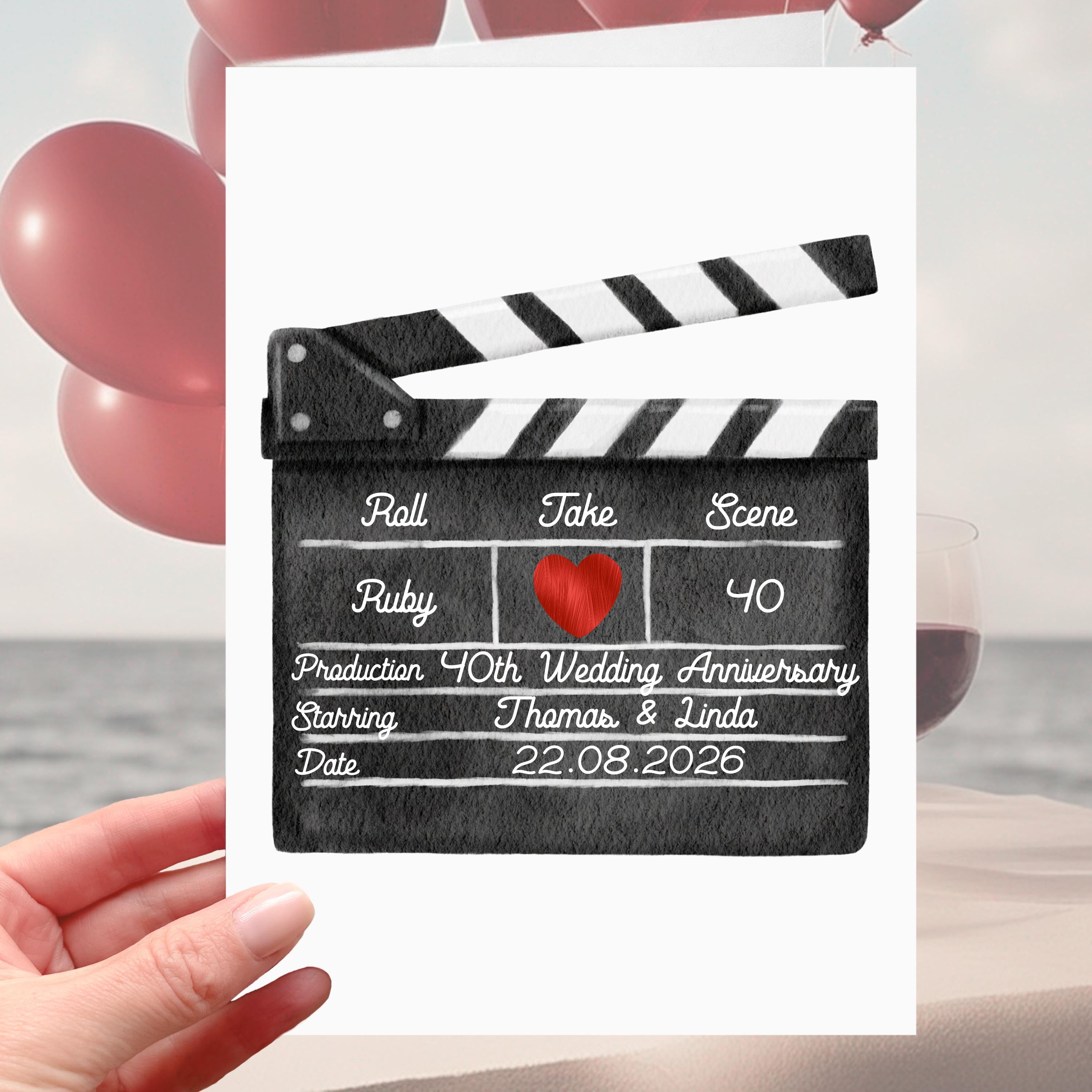 Clapper Board 40th Anniversary Card Personalised Ruby Film Cinema Movies