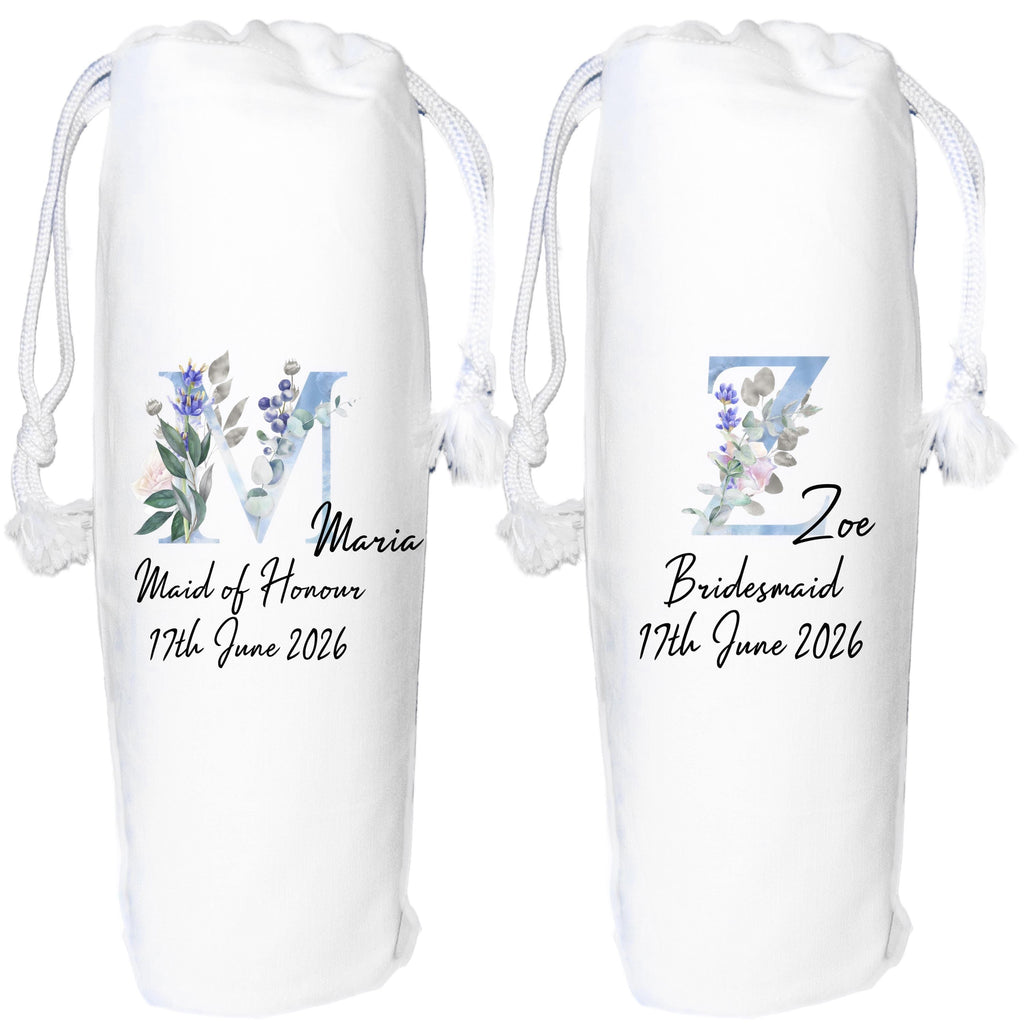 Wedding Wine Bag Personalised Blue Flower Monogram Bridesmaid Gift Maid of Honour Wedding