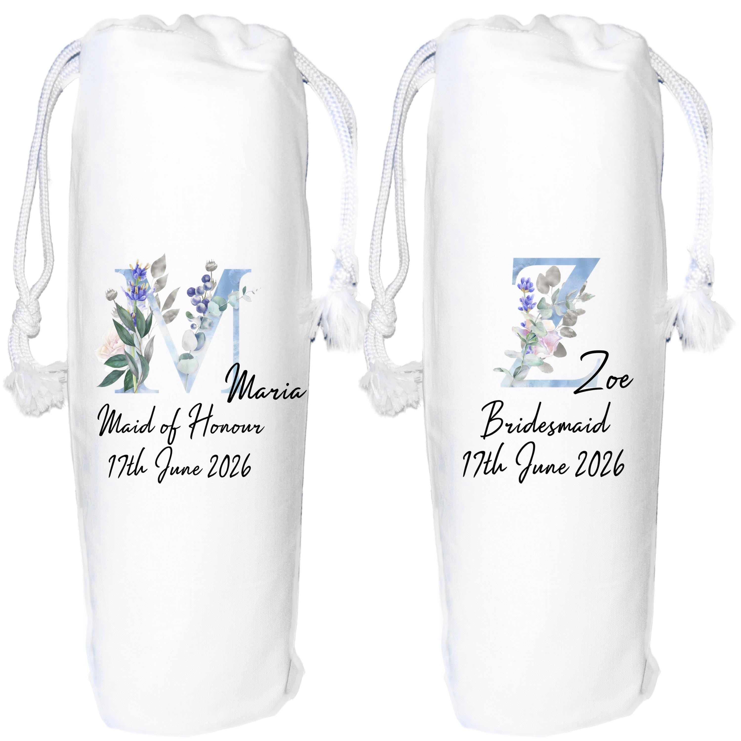 Wedding Wine Bag Personalised Blue Flower Monogram Bridesmaid Gift Maid of Honour Wedding