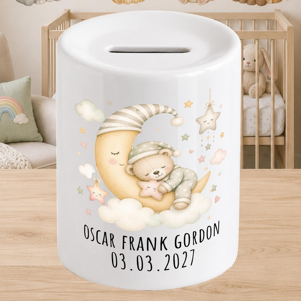 Personalised Baby Money Box Stars & Moon - New baby Savings piggy bank - gift for newborn
